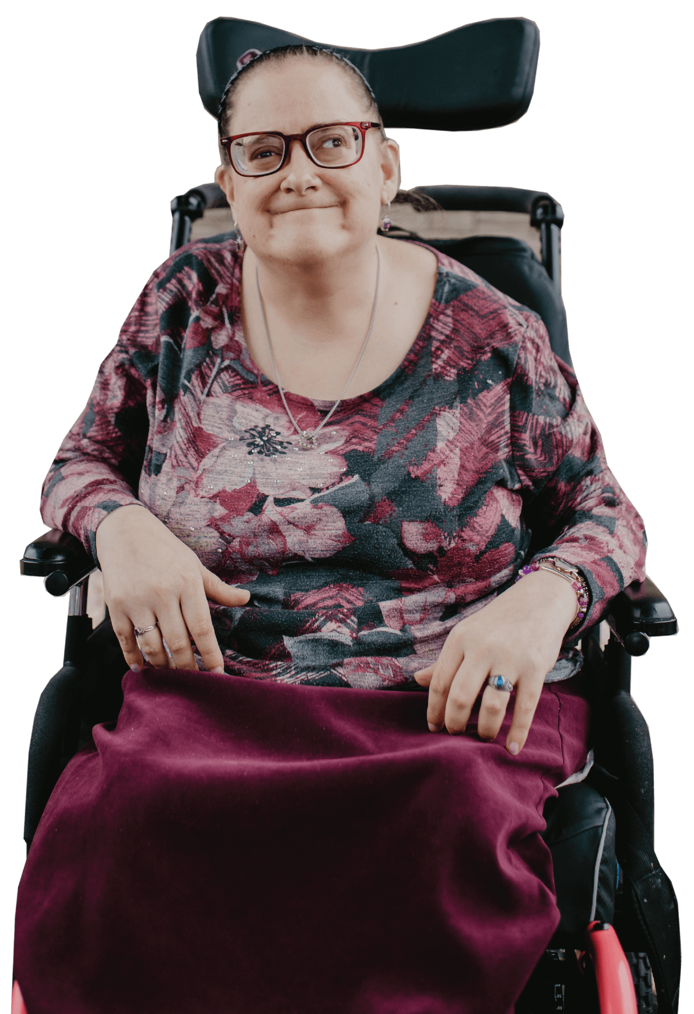 Big smiles from her assisted wheelchair
