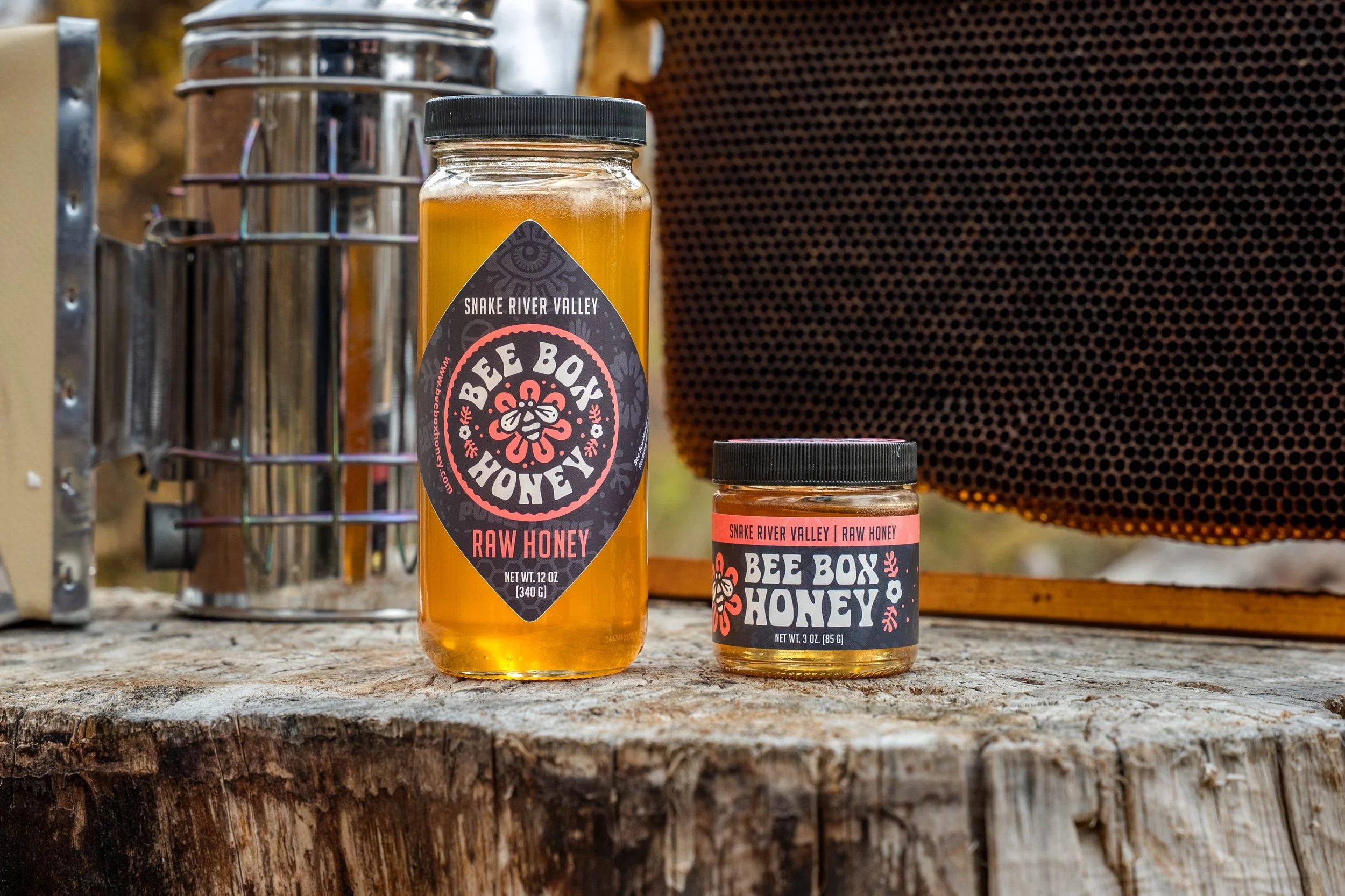 Close-up product image highlighting honey jar label design and brand aesthetic.