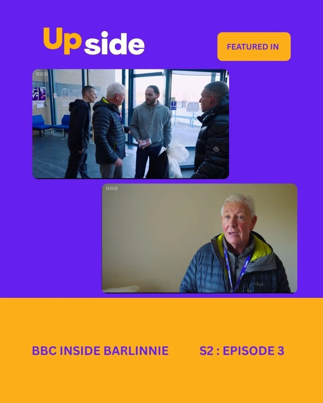 Upside is excited to be featured in the BBC Documentary #InsideBarlinnie. 

The latest episode follows Frankie who was supported by our brilliant Upside Throughcare worker Davy. This gives a great insight into the important work we do at Upside. 

Yo