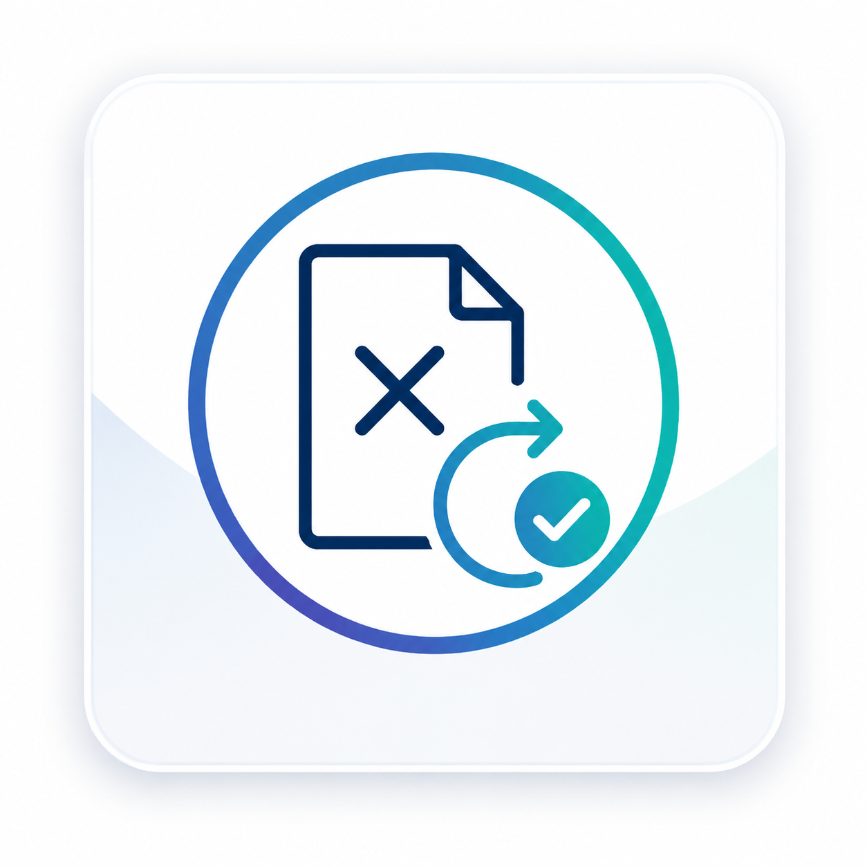 Icon of a strategic plan with a paper, a cancel mark, and an arrow pointing to a check mark, indicating plan approval or validation.