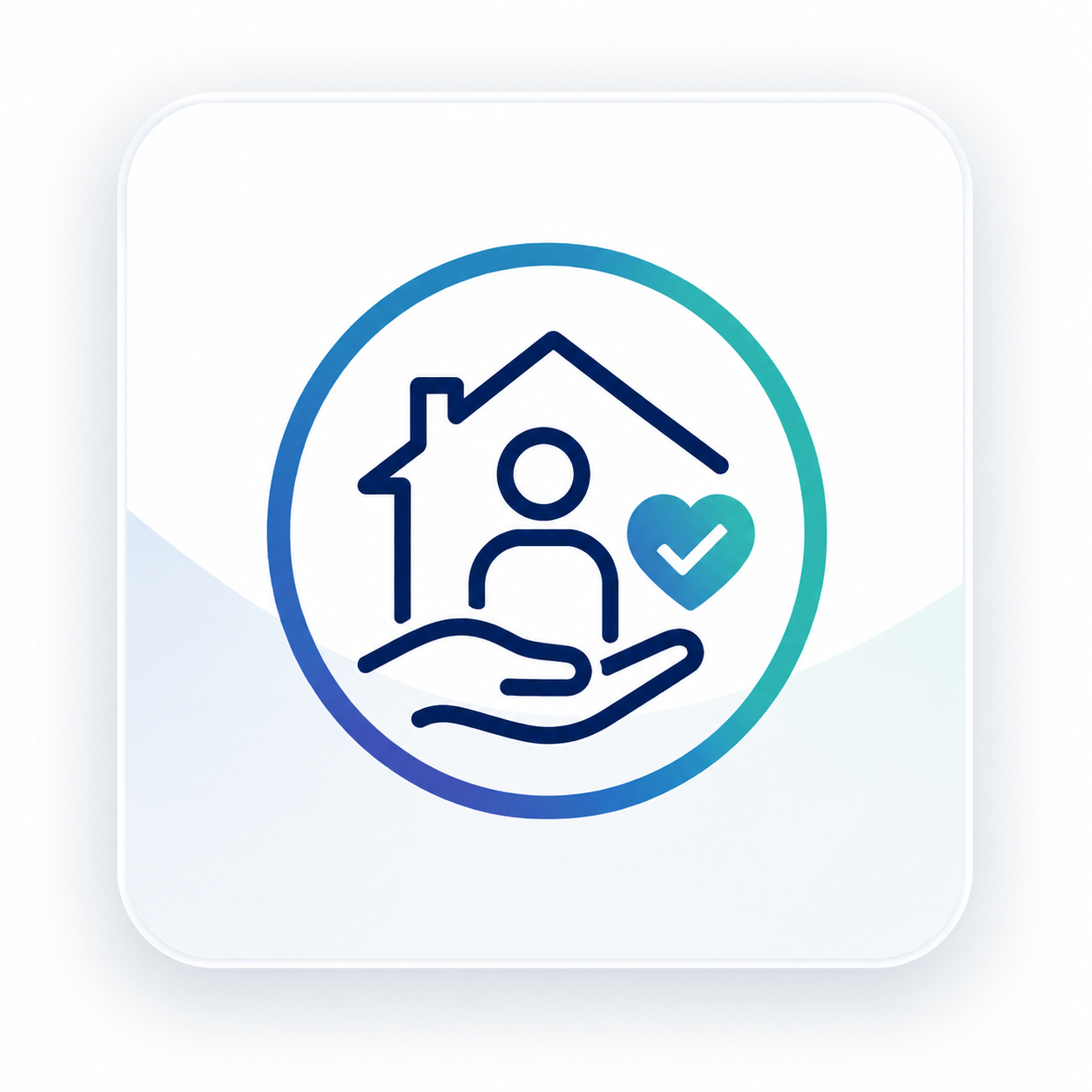 A logo featuring a house, a person, a hand, and a heart with a check mark, symbolizing home care or support.