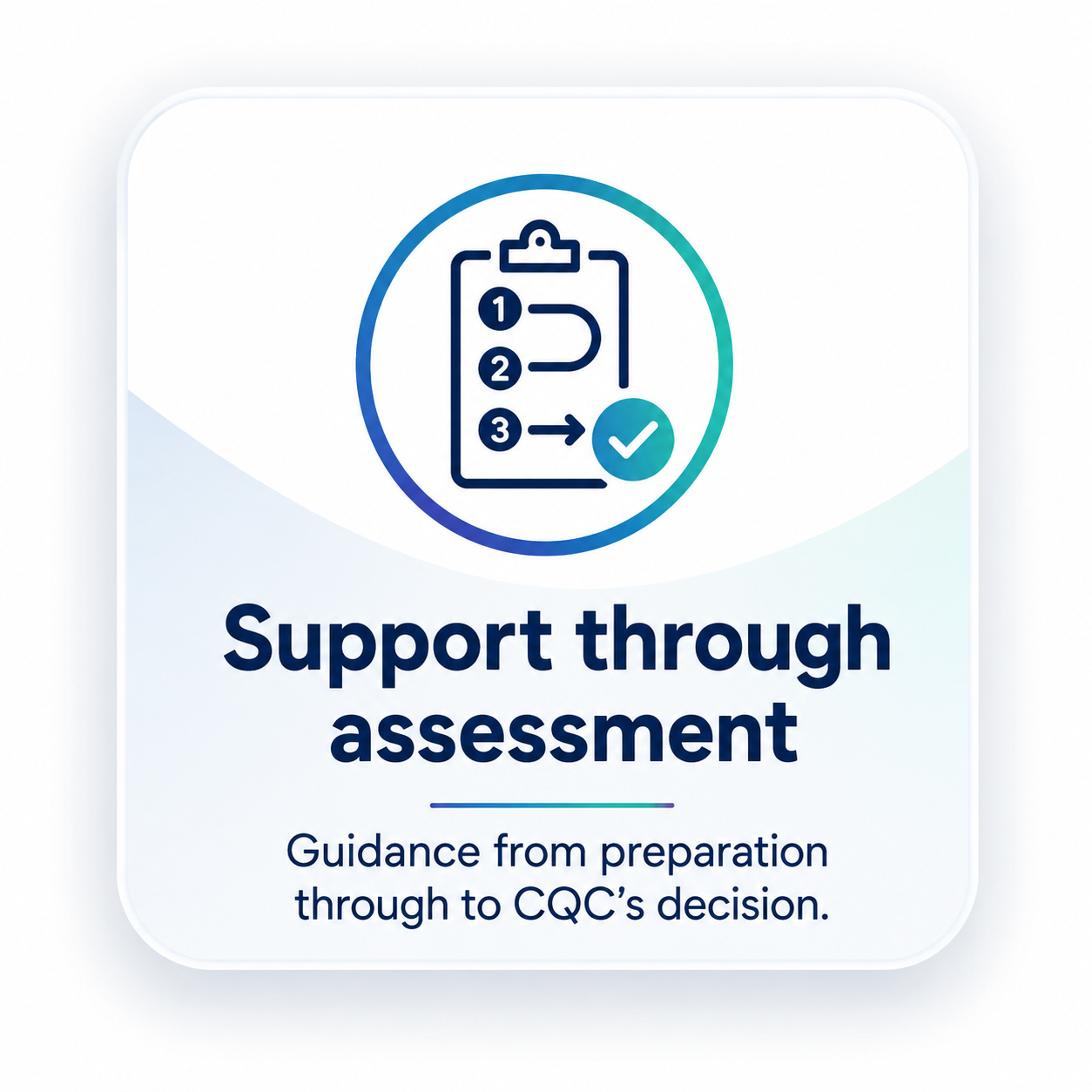 Support through assessment icon with checklist and checkmark, with text 'Support through assessment' and subtext 'Guidance from preparation through to CQC's decision.'