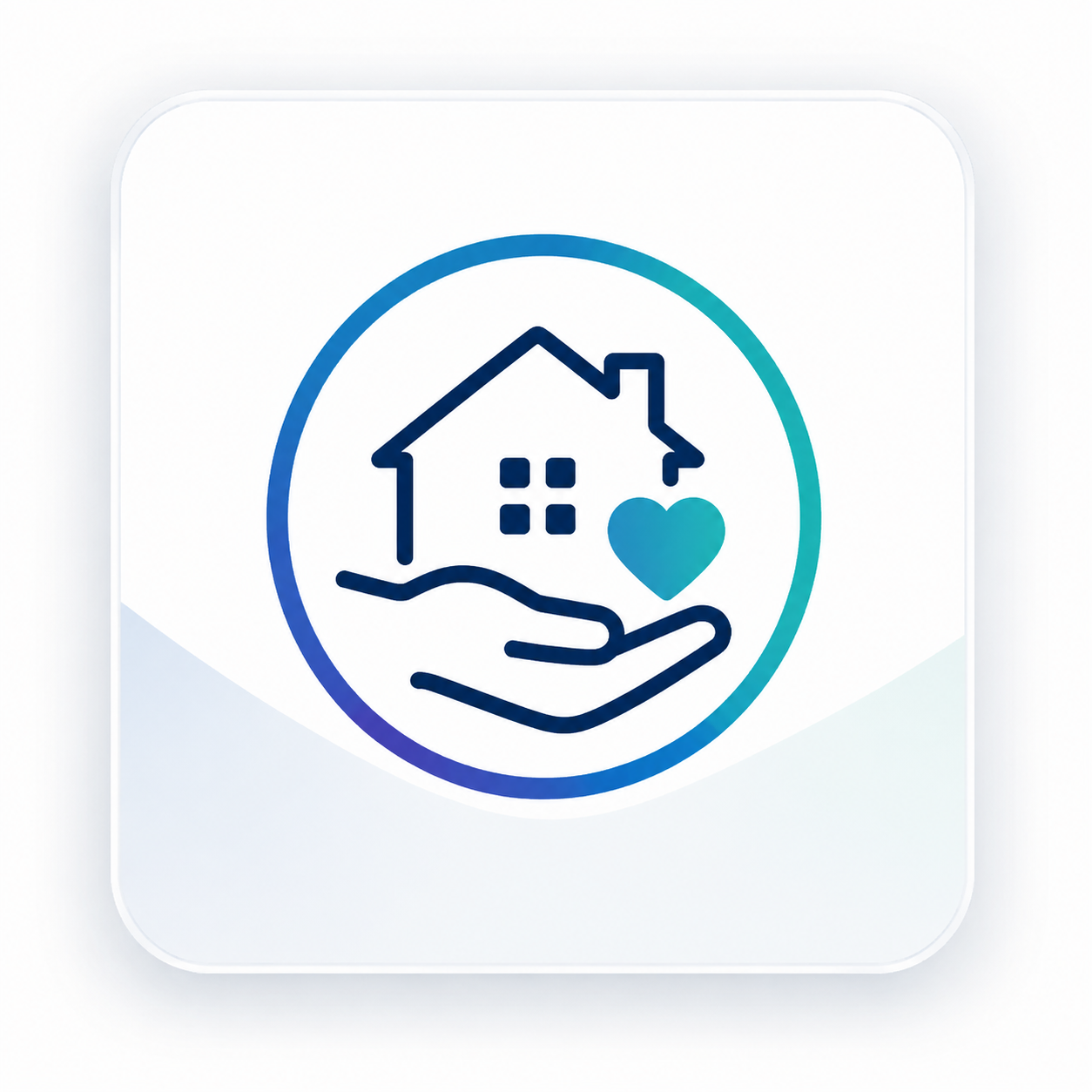 A logo featuring a house with a heart inside a circle, with a hand supporting the house and heart, symbolizing care or support for homes.
