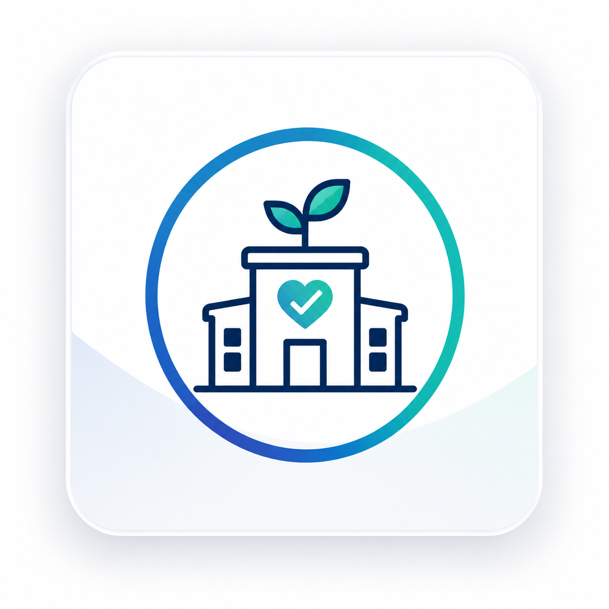 Digital icon of a school building with a heart and checkmark, featuring a sprout with leaves on the roof, symbolizing education and growth.