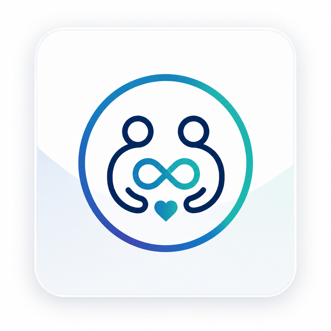 A stylized logo with two human figures connected by an infinity symbol, encircled by a thin line, with a small heart shape below.