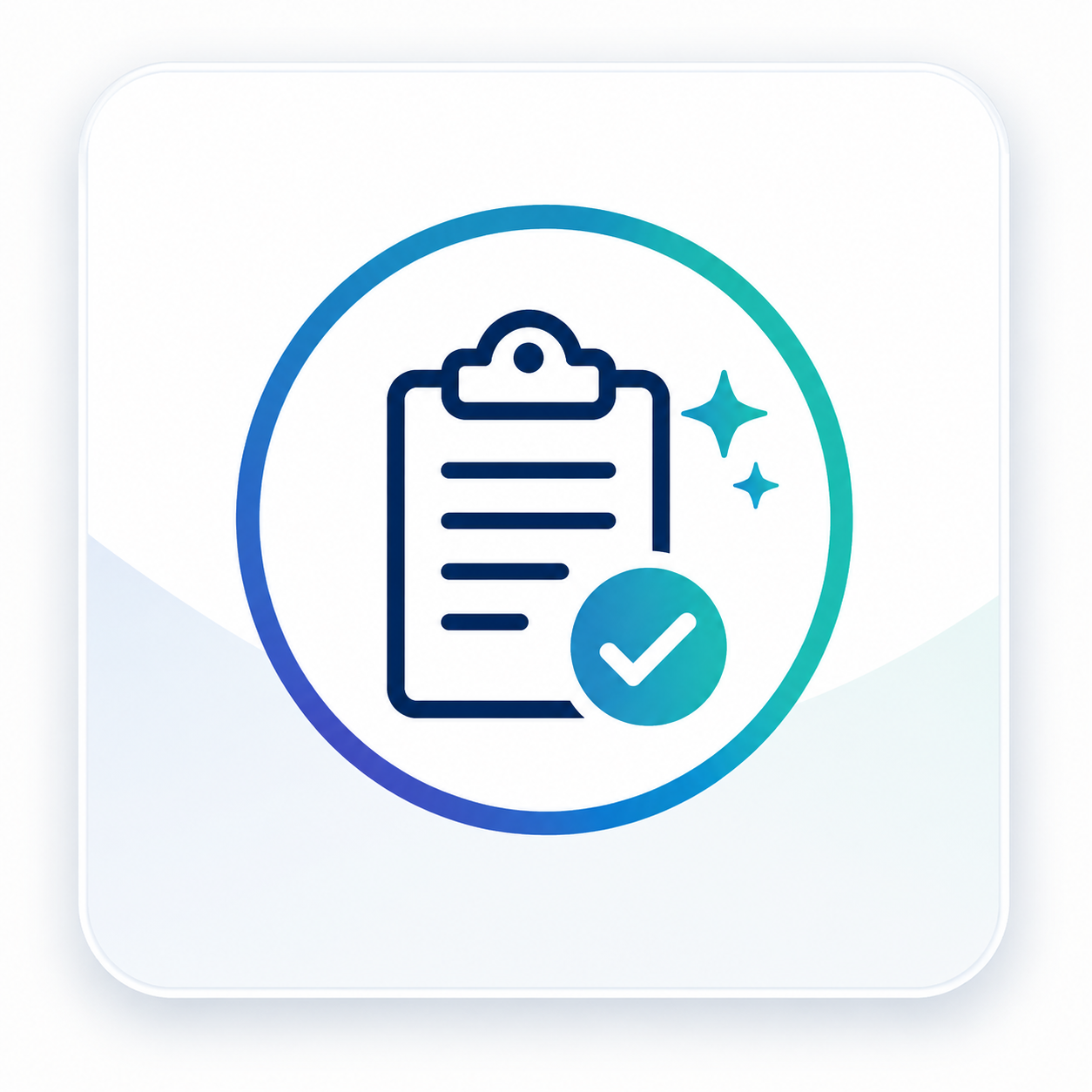 Icon of a clipboard with checkmark, stars, and a circular border, representing task completion or approval.