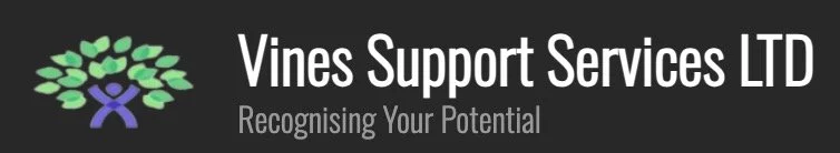 there is a black background with white text saying vines support services ltd and the tagline recognising your potential. there is a picture next to the words of a purple person with leaves coming out of them like a tree growing.