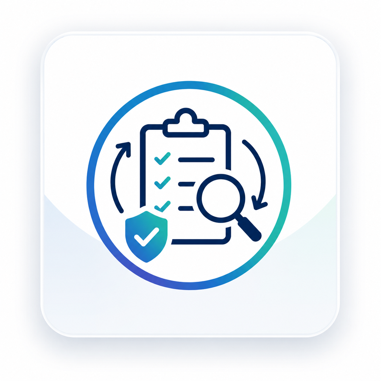 Icon of a clipboard with checkmarks, a magnifying glass, a shield with a checkmark, and a circular arrow around them, representing health or security check process.
