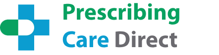 the words are in different colours. prescribing is in green, care in blue and direct in grey. there is an image of a pill making up part of a plus sign next to the words.