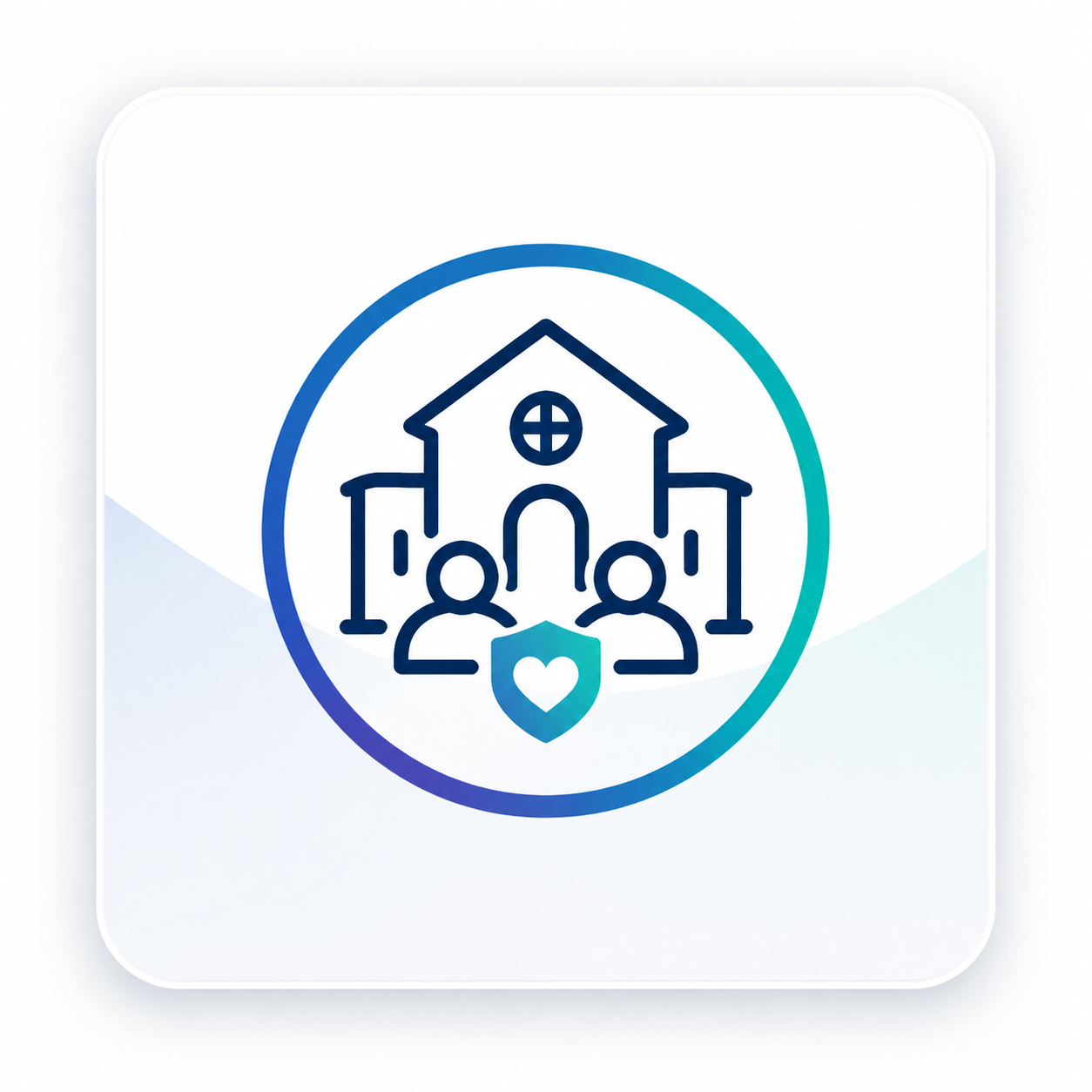 Icon of a house with two people in front, shield with a heart symbol, and a gradient circular border.