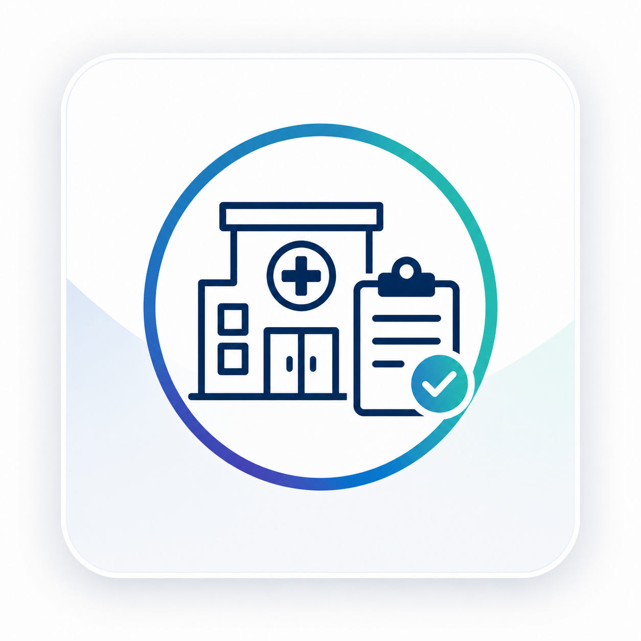 Outline of a hospital building, clipboard with checkmark, indicating healthcare verification or approval.