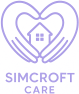 purple image which shows two hands in a heart shape with a home in the middle of the heart. the words simcroft care are underneath the image.