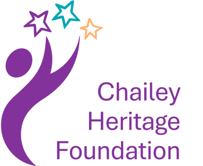 purple image of a person reaching up with three coloured stars coming from their hands. one is purple, one is green, one is yellow. the words Chailey Heritage Foundation are in purple next to the image.