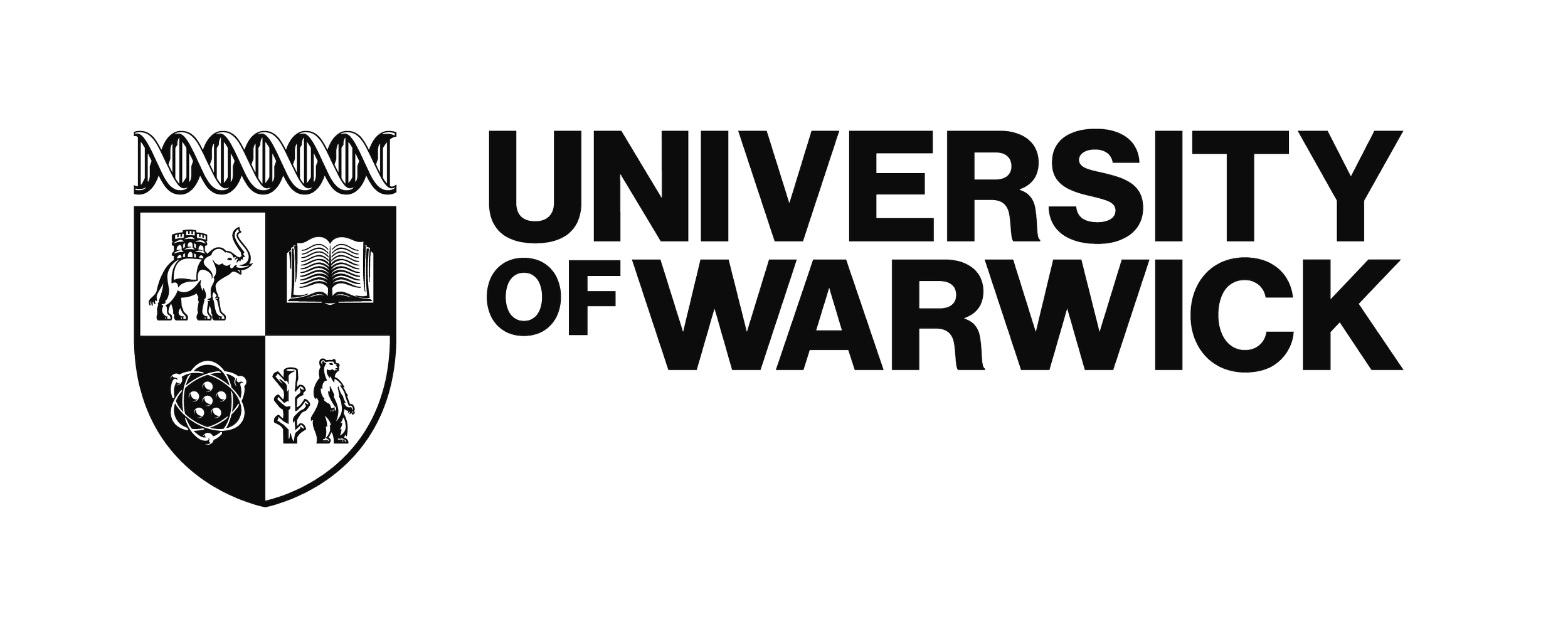 the words university of warwick are in black with a black and white shield.