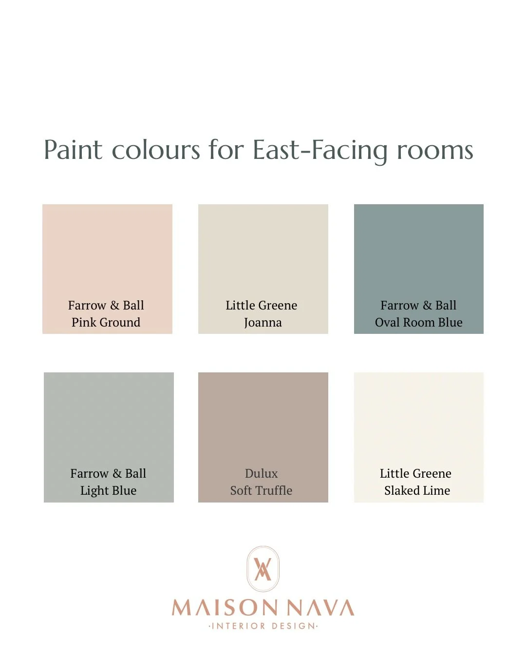 My favourite paint colours for an east facing room! 

East-facing rooms are usually bright with direct sunlight in the morning, which shifts to cooler, more subdued, and sometimes dim light in the afternoon and evening. So it&rsquo;s a mix of both wa