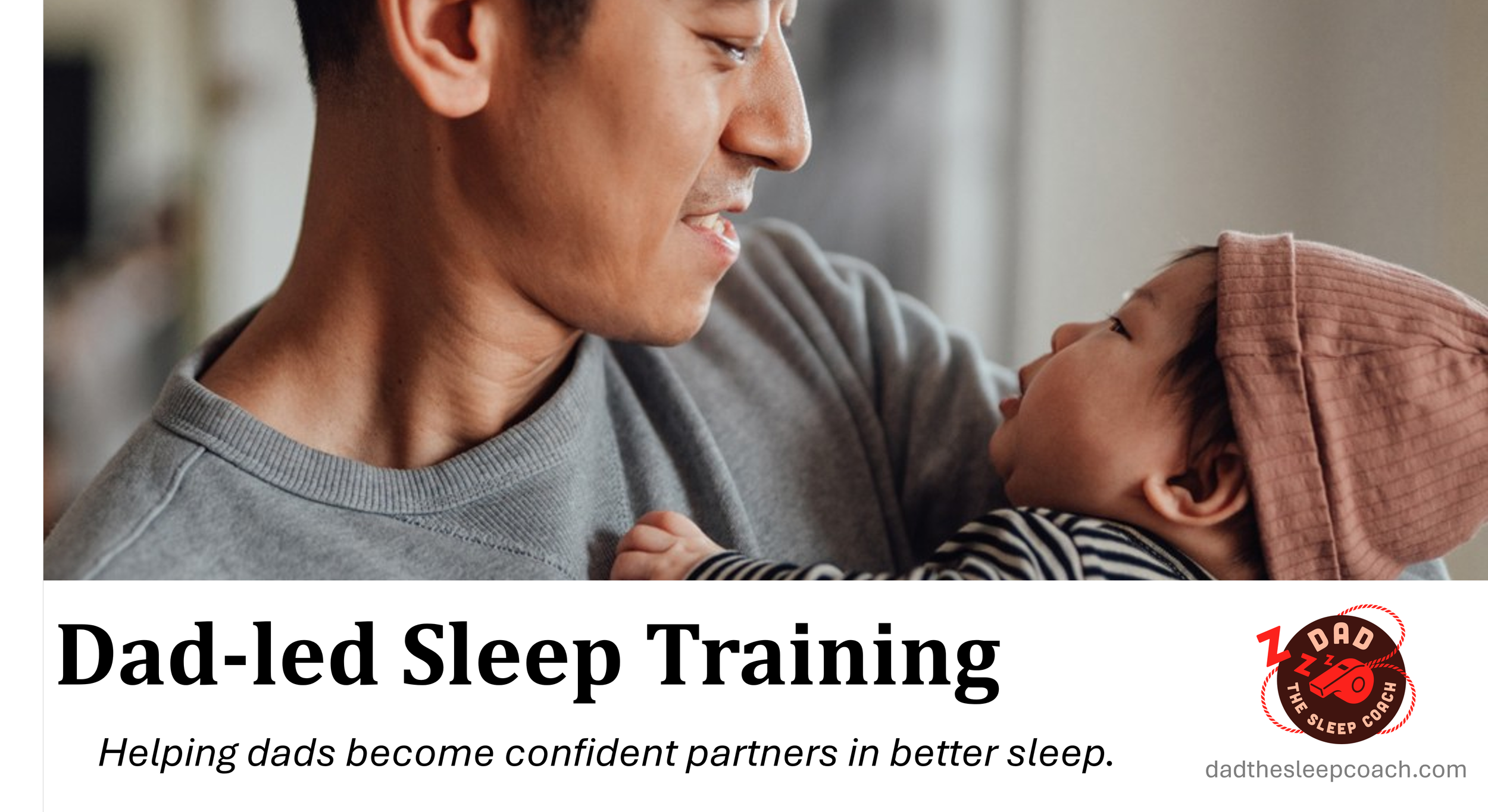 A close-up of a Dad holding a sleeping baby wearing a pink hat or bonnet, with a focus on their faces showing an intimate moment and preparing for Dad-led Sleep Training