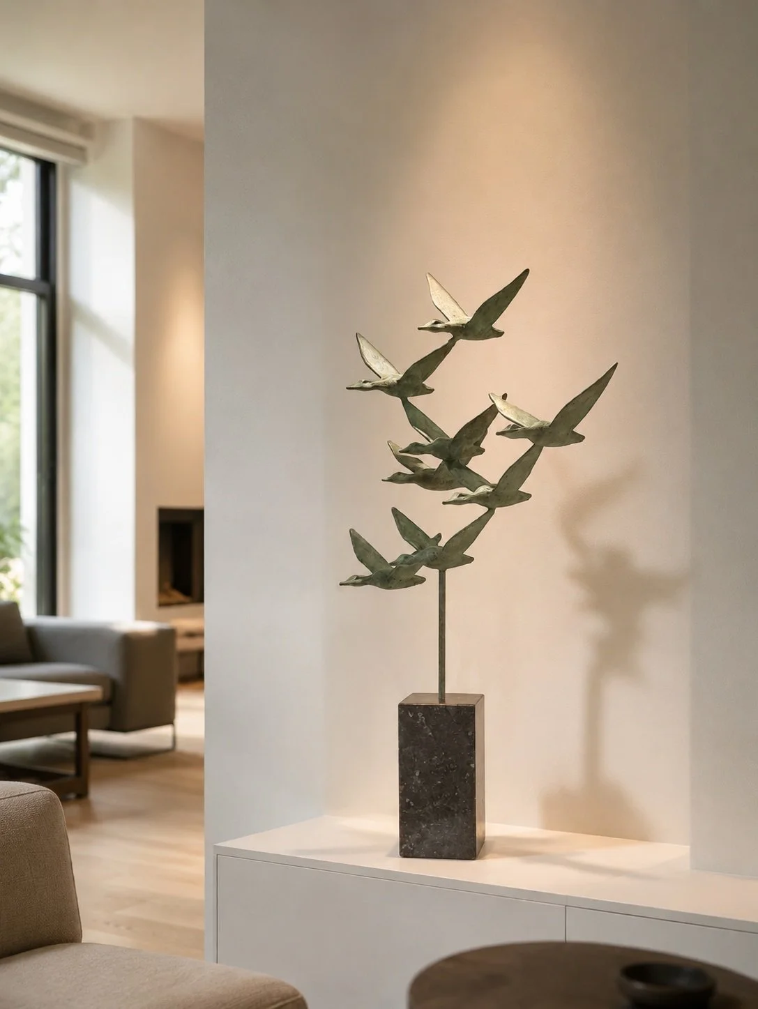 Zijaanzicht van Formation – Samen op Weg. Bronzen vogelsculptuur waarin beweging, balans en compositie vanuit iedere kijkhoek veranderen.