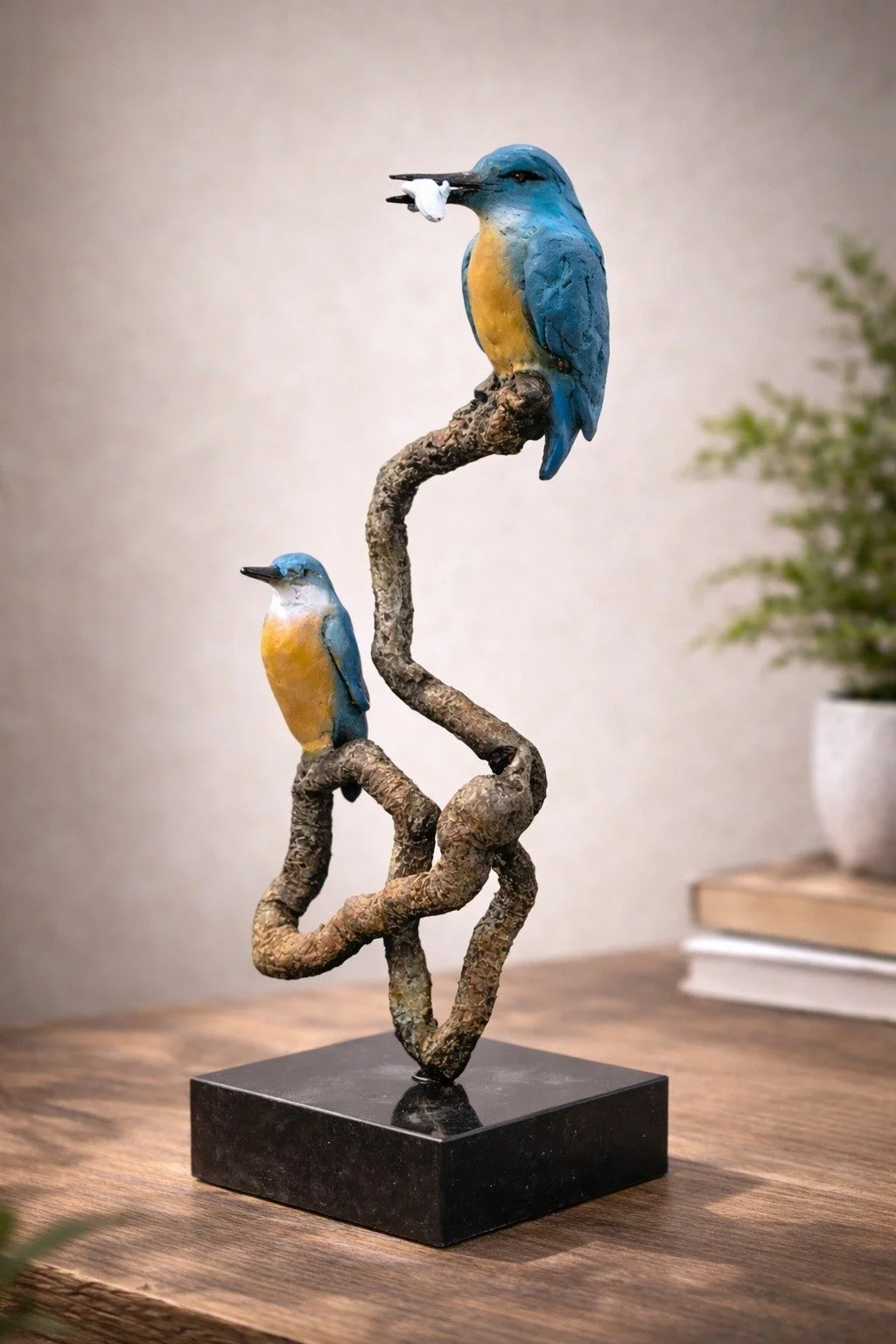 Kingfishers on a Branch – Patinated Bronze Sculpture