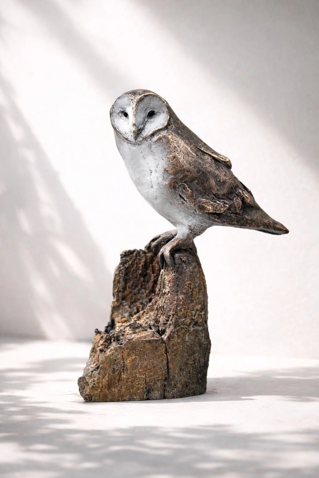 Barn Owl on a Tree Trunk – Bronze Sculpture
