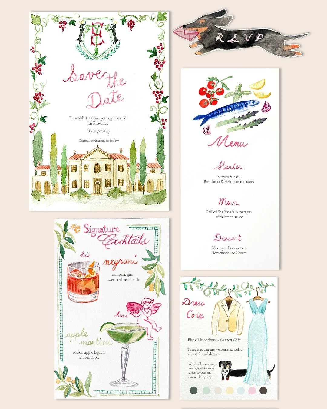 Invitation de mariage avec illustrations de maison, menu avec fruits de mer, cocktails, et code vestimentaire avec vêtements et chiens.