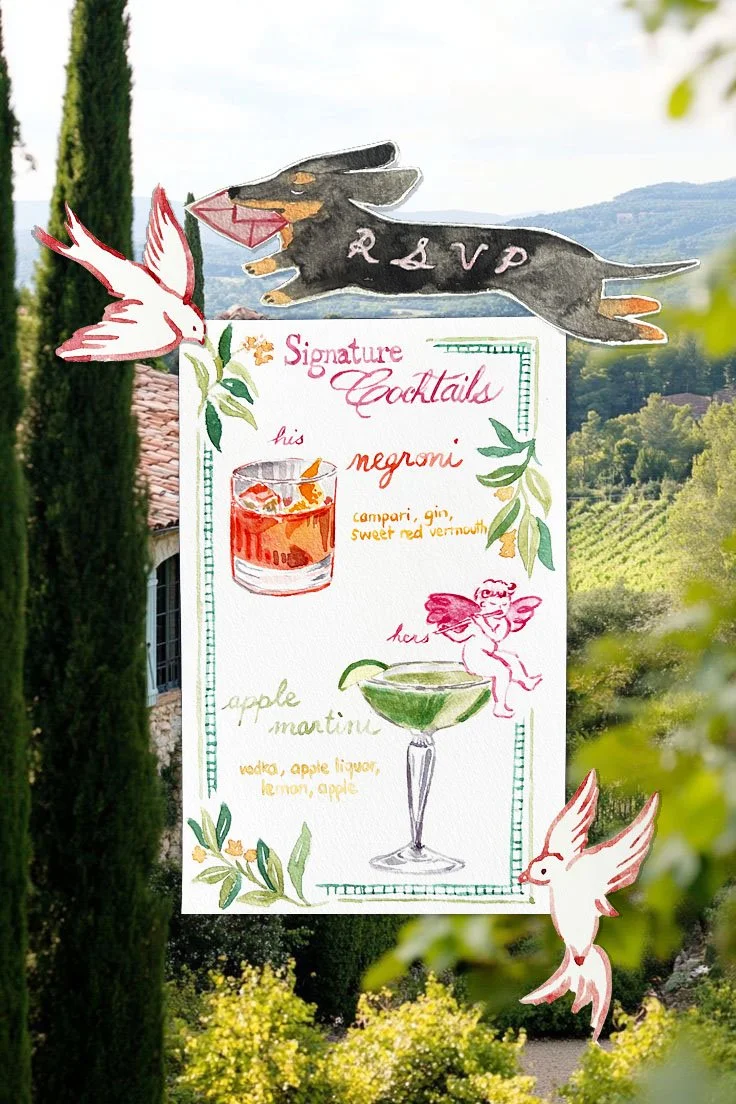 Une affiche de cocktails avec une illustration de deux oiseaux, un verre de negroni et un verre de martini, entourée de feuillages et de dessins de pigeons.