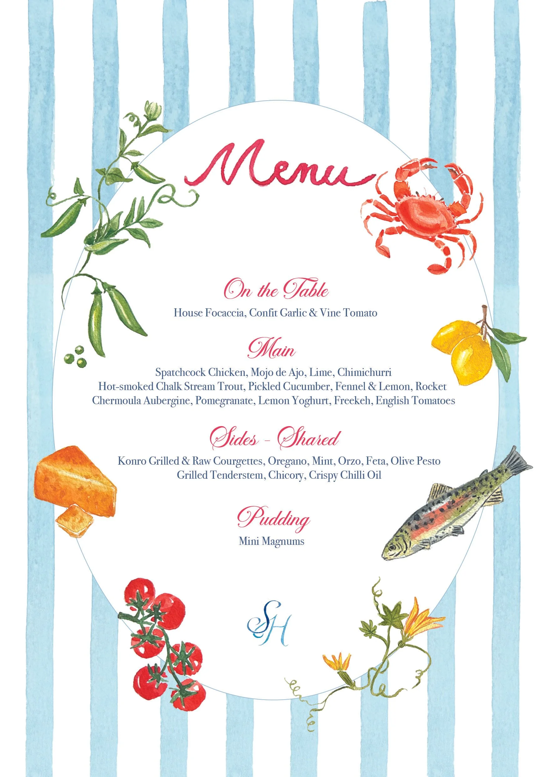 Une carte de menu illustrée avec des dessins d'herbes, de fruits de mer, de légumes et de desserts, sur un fond à rayures bleues et blanches.