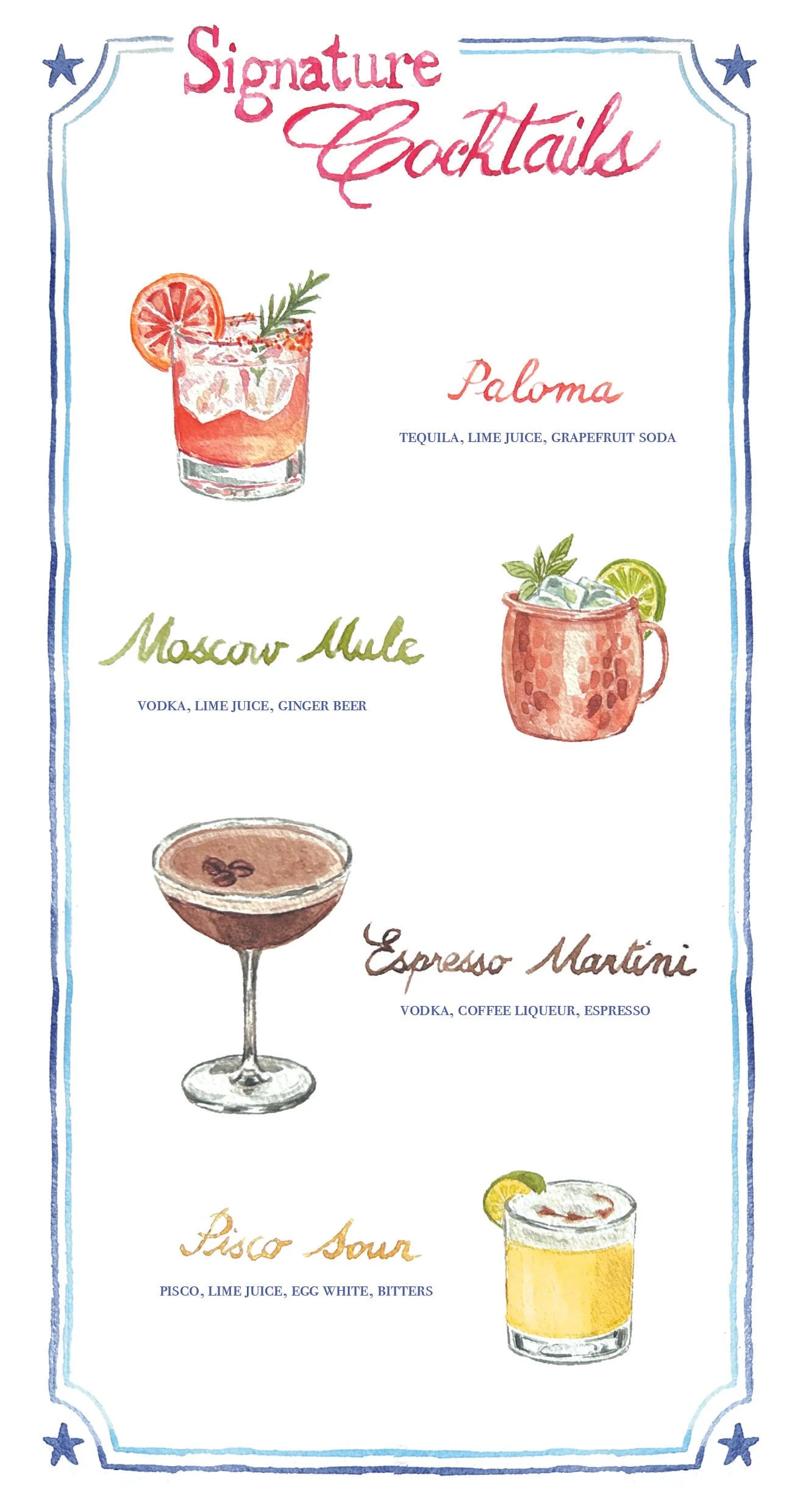 Carte de cocktails illustrés avec noms et ingrédients, comprenant un cocktail Paloma, un Moscow Mule, un Espresso Martini et un Pisco Sour.