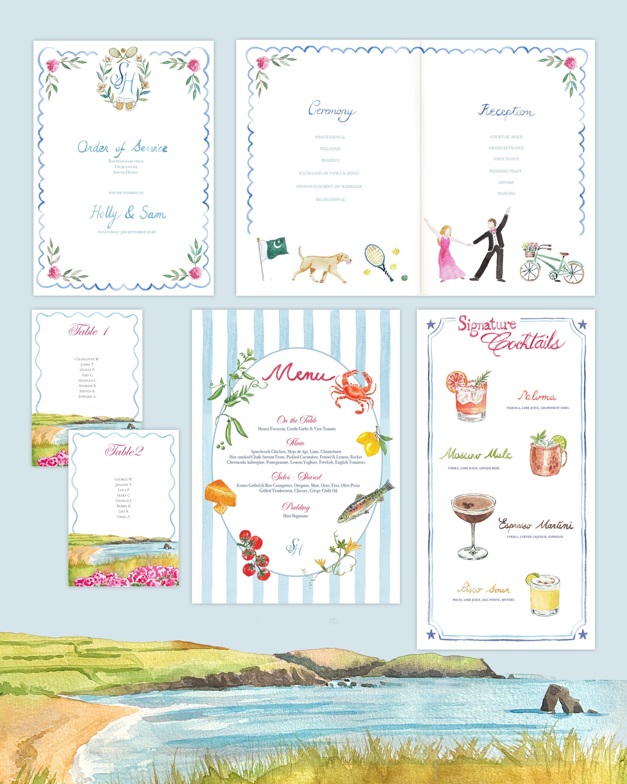 Invitation de mariage avec des illustrations florales, un chien, une raquette de tennis, un couple dansant, un vélo, et un menu, avec une scène de plage en arrière-plan.