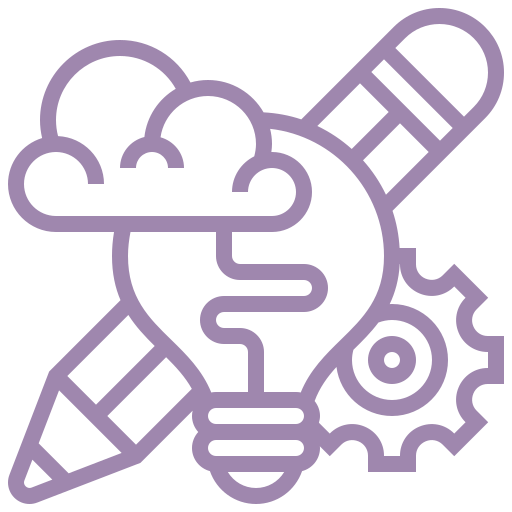 A laptop, a cloud, a light bulb, a gear, and a pencil, all outlined in purple, representing creativity, technology, and innovation.
