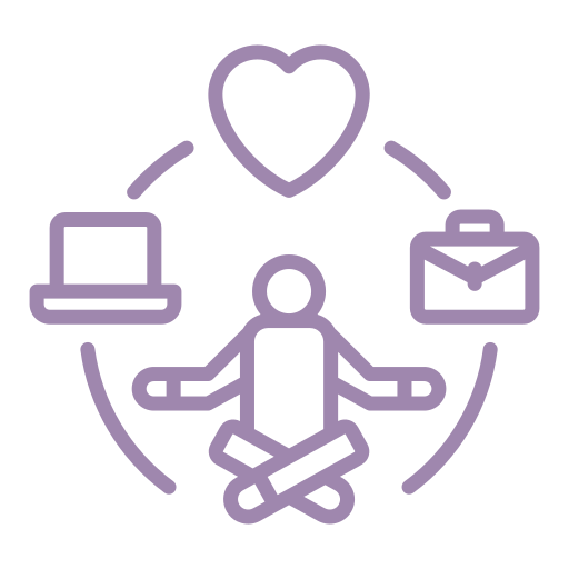 A person meditating in a seated yoga pose with a heart above and icons of a laptop and an envelope around them.