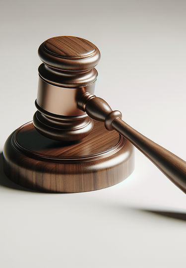 Wooden judge's gavel resting on a sound block.