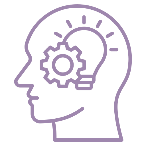 Outline of a human head with a gear and light bulb inside, symbolizing thinking and ideas.