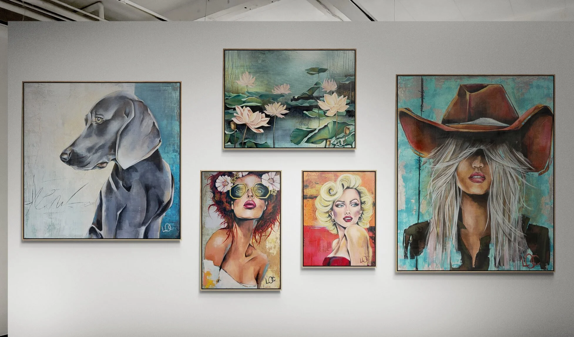 A wall adorned with six paintings: a portrait of a dog, a watercolor of lily pads and flowers, a woman with voluminous curly hair and large sunglasses, a woman with blonde hair in vintage style, a woman with long white hair and a big cowboy hat, and a landscape of lily pads.