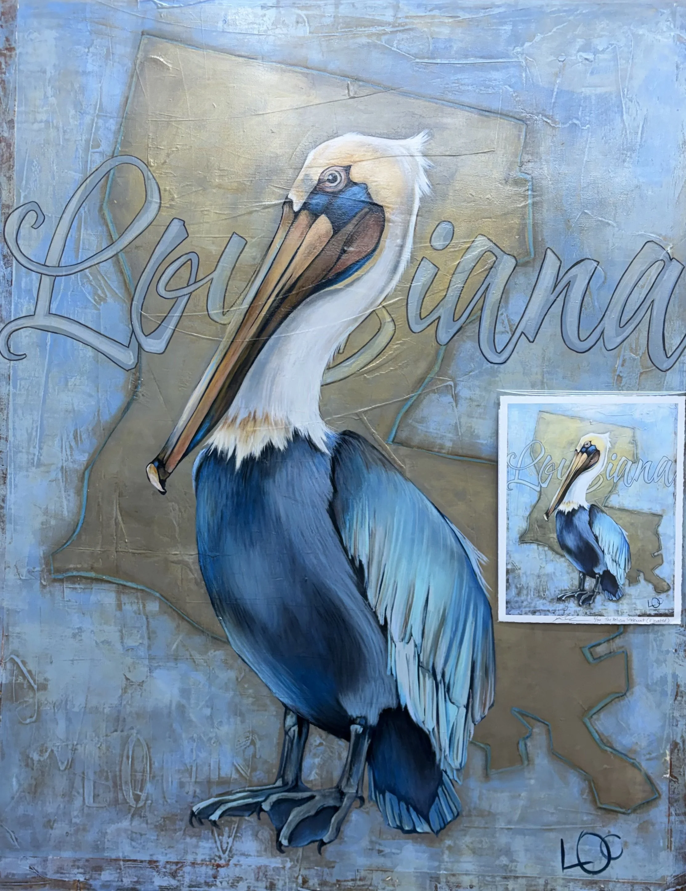 Painting of a heron standing, with large letters spelling 'Legend' across the top.
