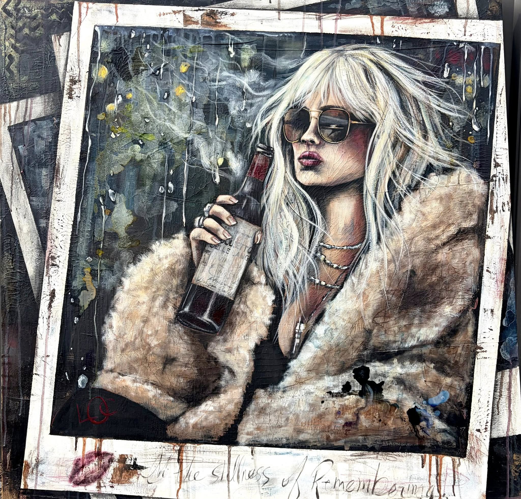 An abstract painting of a woman with long white hair wearing sunglasses and a pearl necklace, holding a beverage container, with a dark background and textured surface.