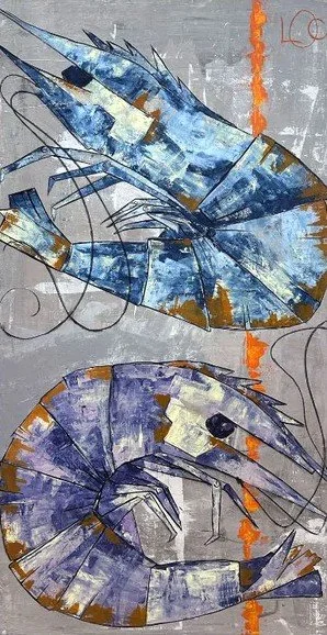 Abstract painting captures two shrimp suspended, rendered in cool blues, muted violets, and weathered neutrals. Fragmented shapes and expressive linework suggest movement, tide, and resilience. This piece reflects the quiet rhythm and enduring beauty