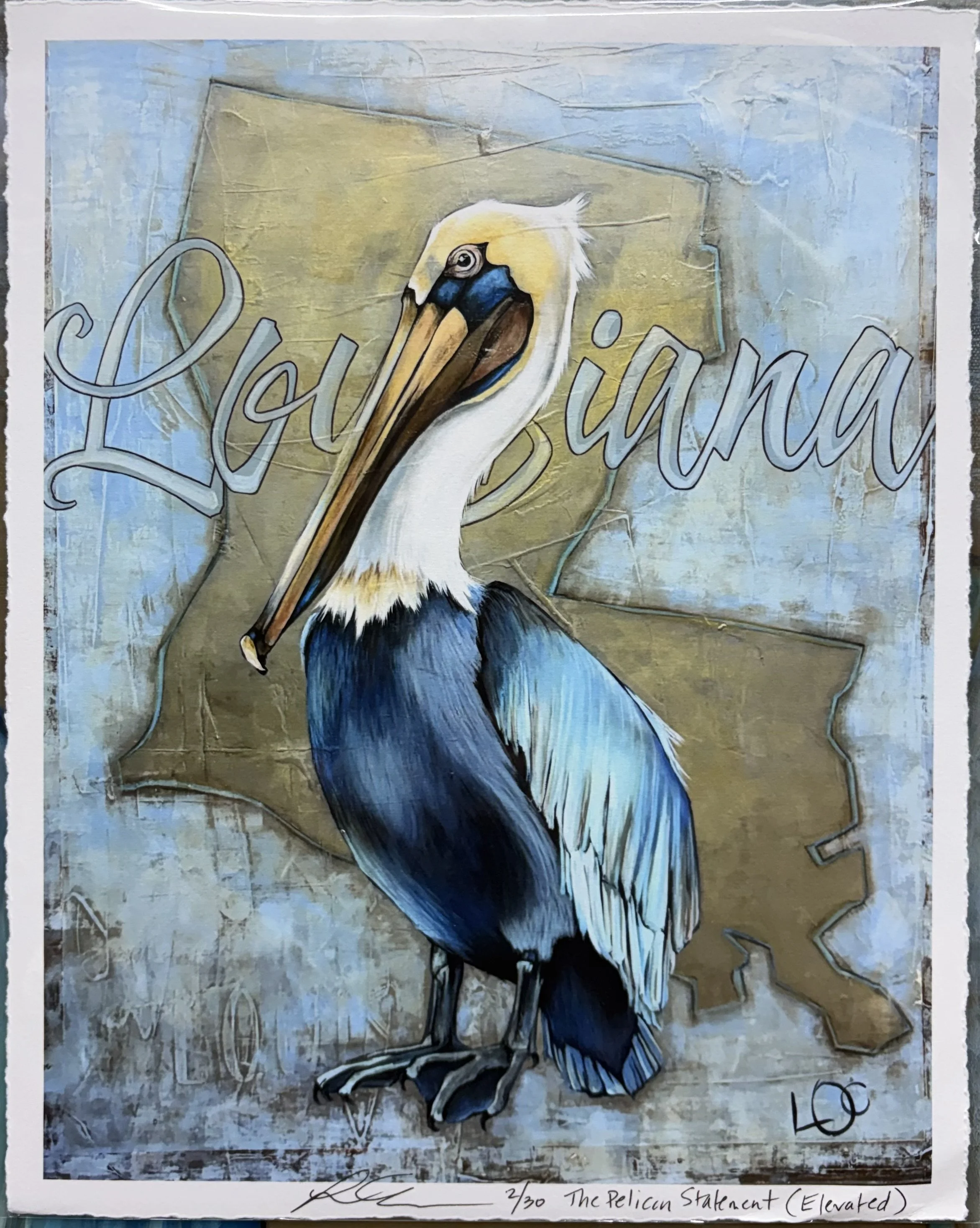 A painting of a pelican with the word "Laguana" written across the image, set against a textured, abstract background in shades of blue, beige, and gray.