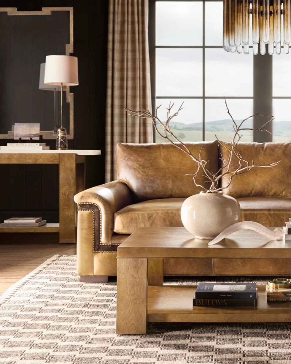 The Mulholland Coffee Table and End Table paired with a new leather sofa from Bradington-Young create a rich mix of texture and tailored comfort. Clean lines, warm finishes, and supple leather make this combination especially noteworthy for everyday 