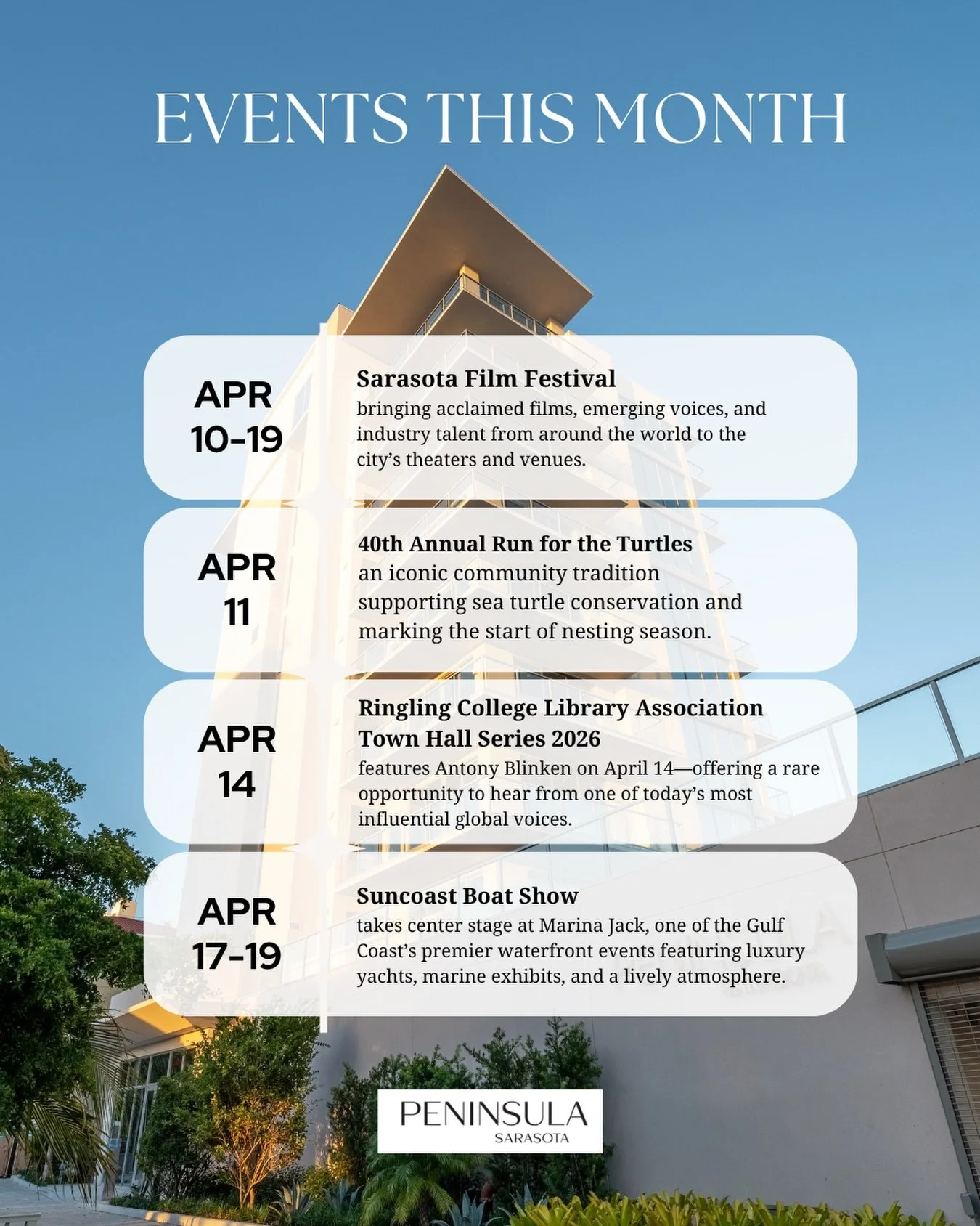 As spring unfolds, Sarasota comes alive

From world-class films at the Sarasota Film Festival to waterfront energy at the Suncoast Boat Show, this month is filled with moments that bring the community together. Whether you&rsquo;re supporting local t