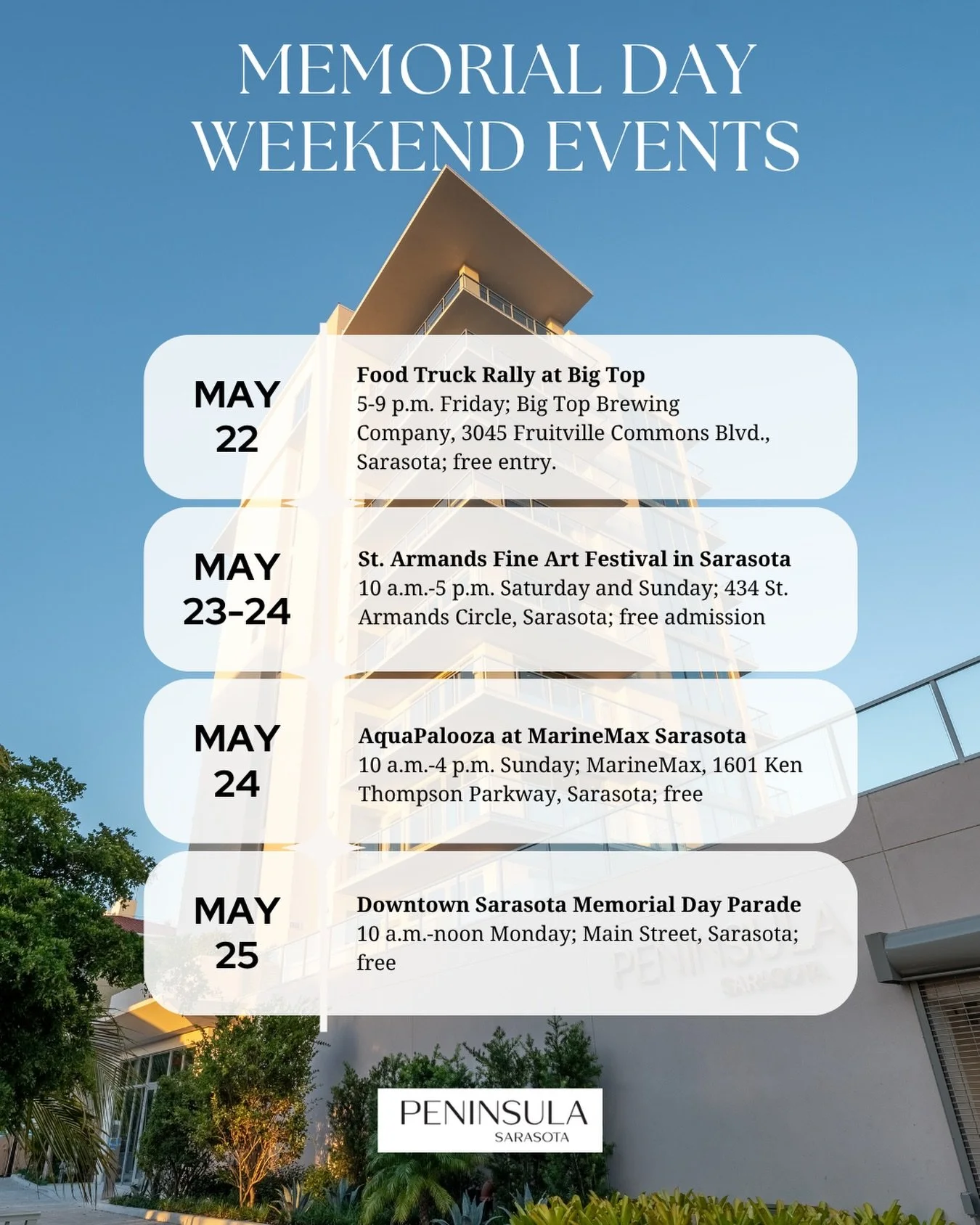 Memorial Day weekend plans, Sarasota style 🇺🇸
From food trucks and fine art to waterfront fun and a downtown parade, there&rsquo;s no shortage of ways to celebrate the long weekend just moments from Peninsula Sarasota. Which event are you adding to