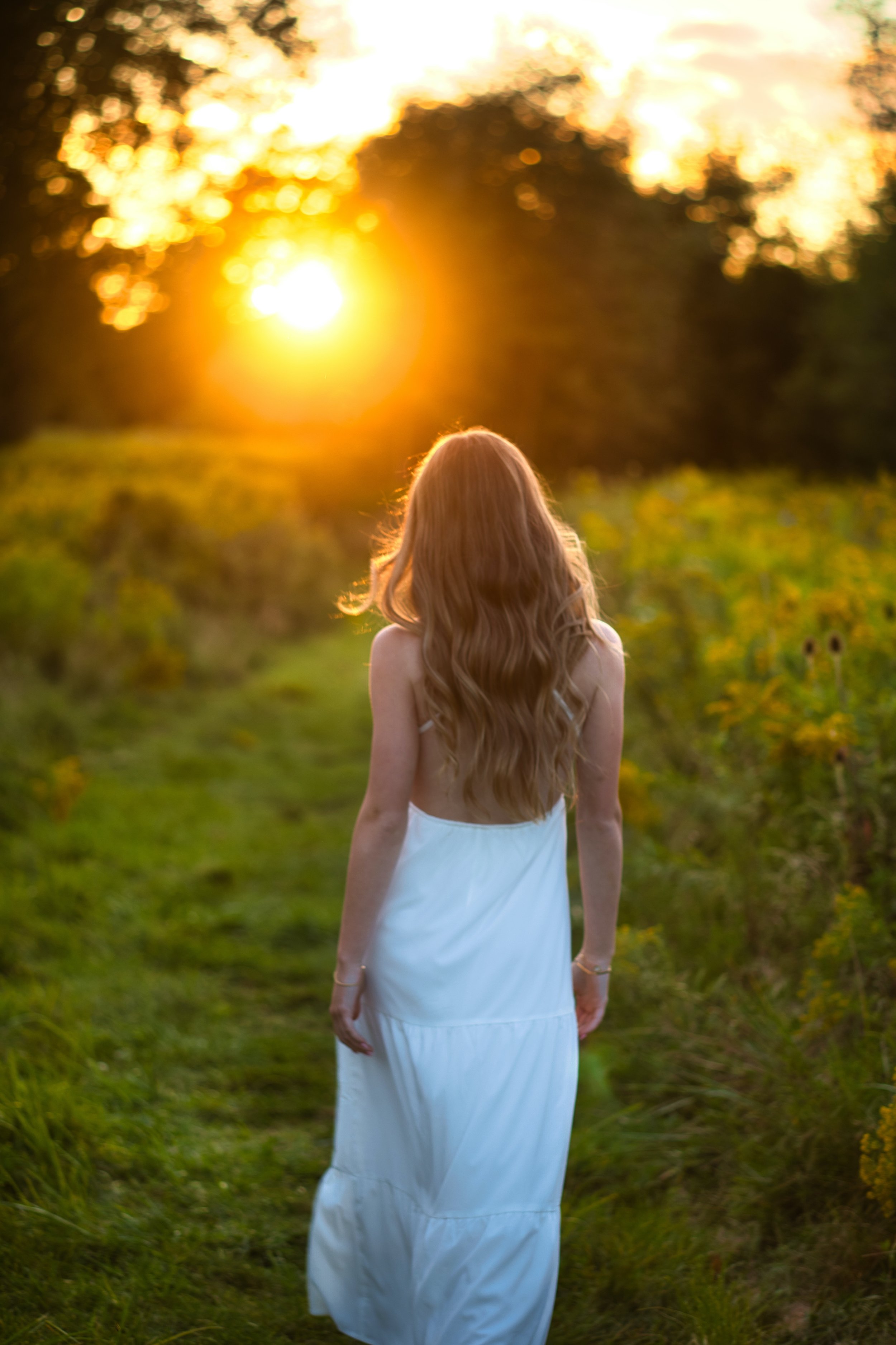 Rochester NY portrait photography location at golden hour with woman walking through field at sunset