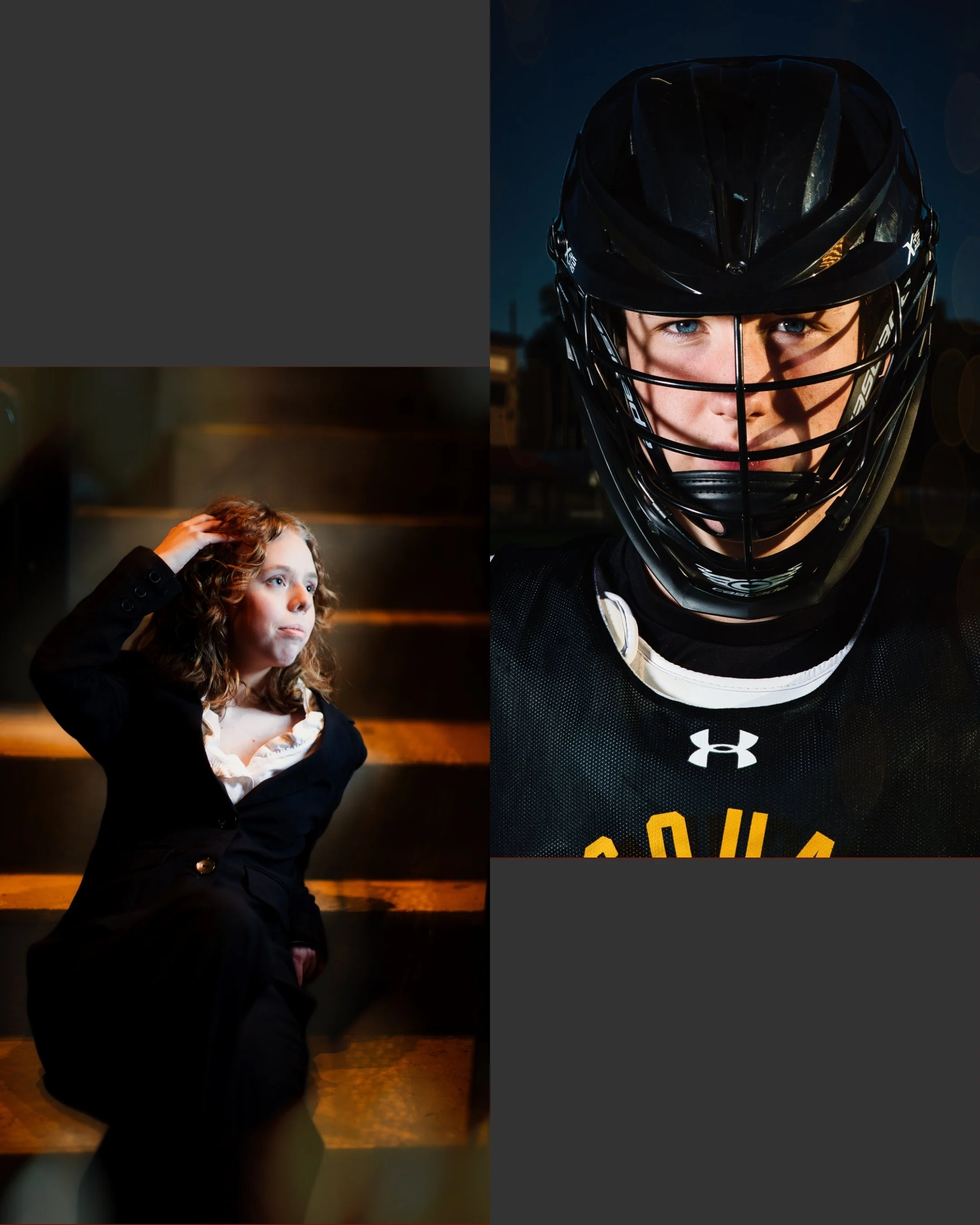 Close-up of an athlete in Rochester, NY wearing a black lacrosse helmet and jersey, with a young girl sitting on stairs, looking contemplative in a theater and touching her hair.