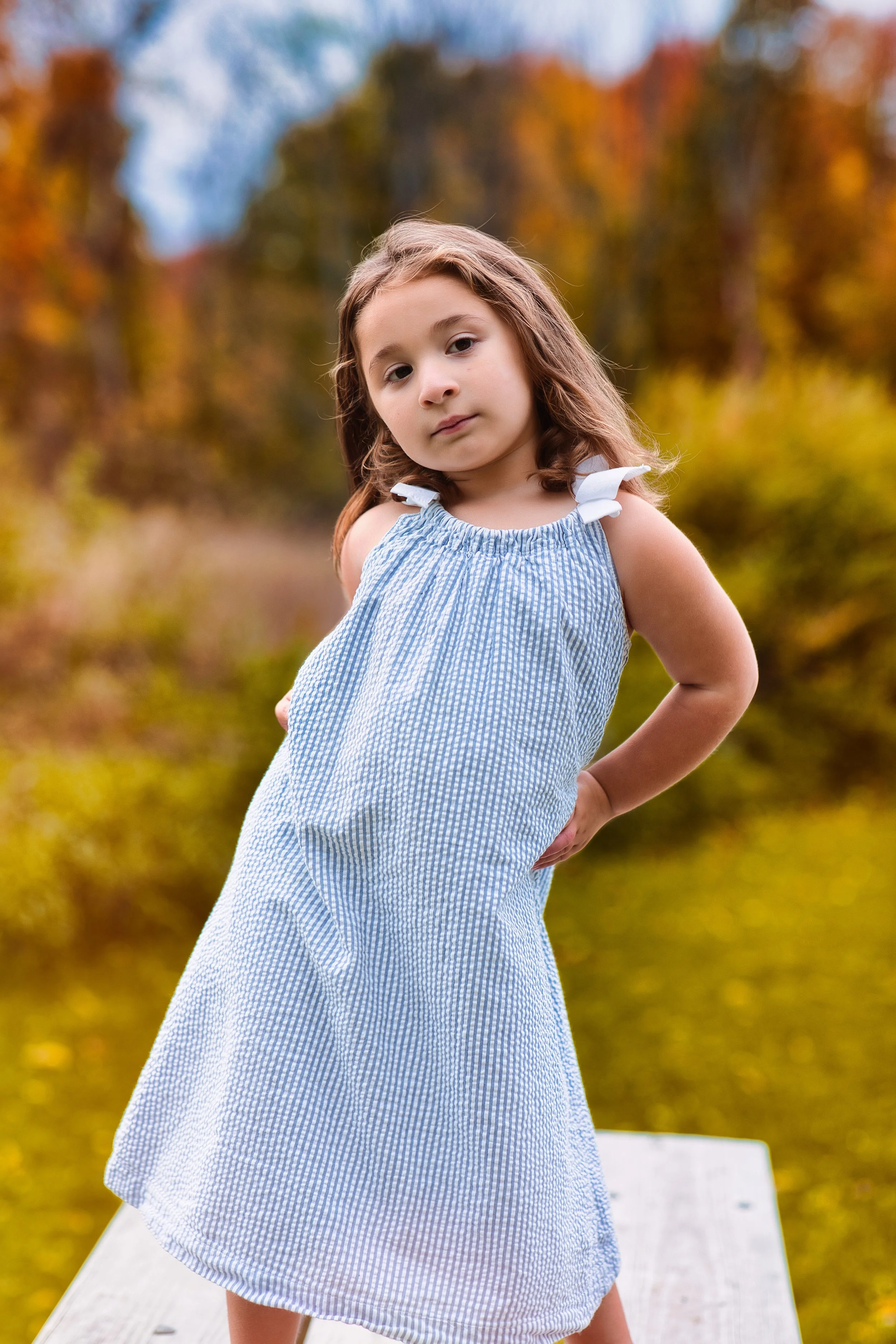 Rochester, NY portrait of a young girl posing outdoors in a blue dress with fall colors