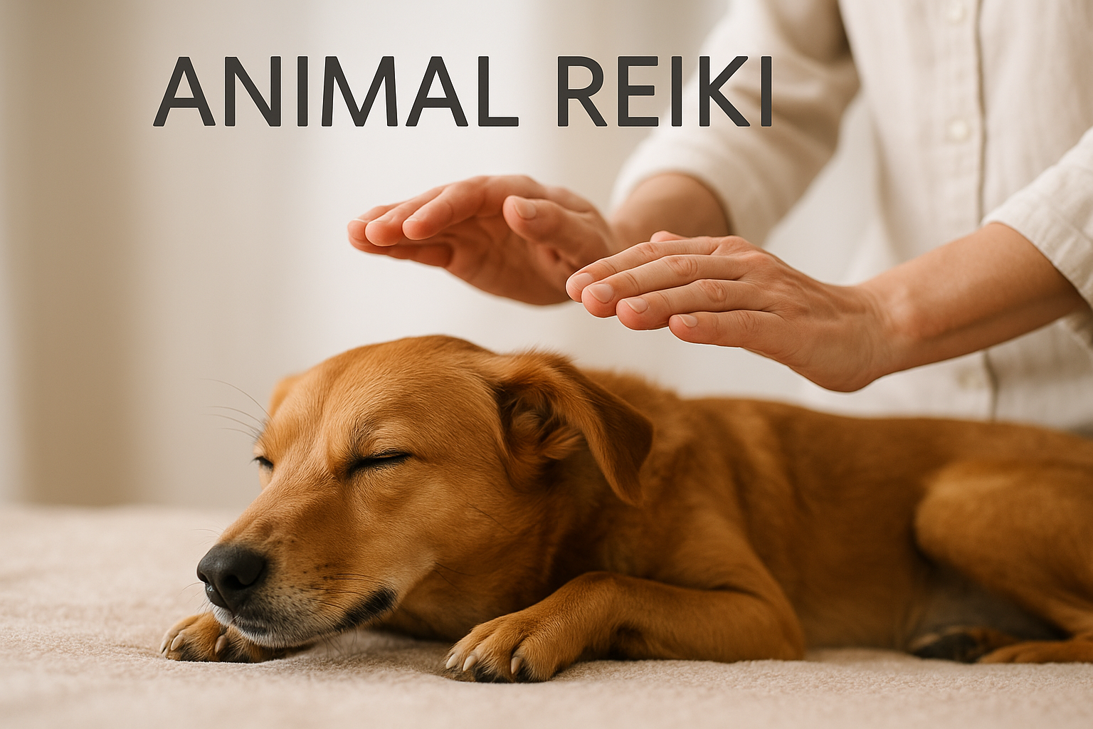 Person performing animal reiki on a relaxed and sleeping brown dog lying on a soft surface.