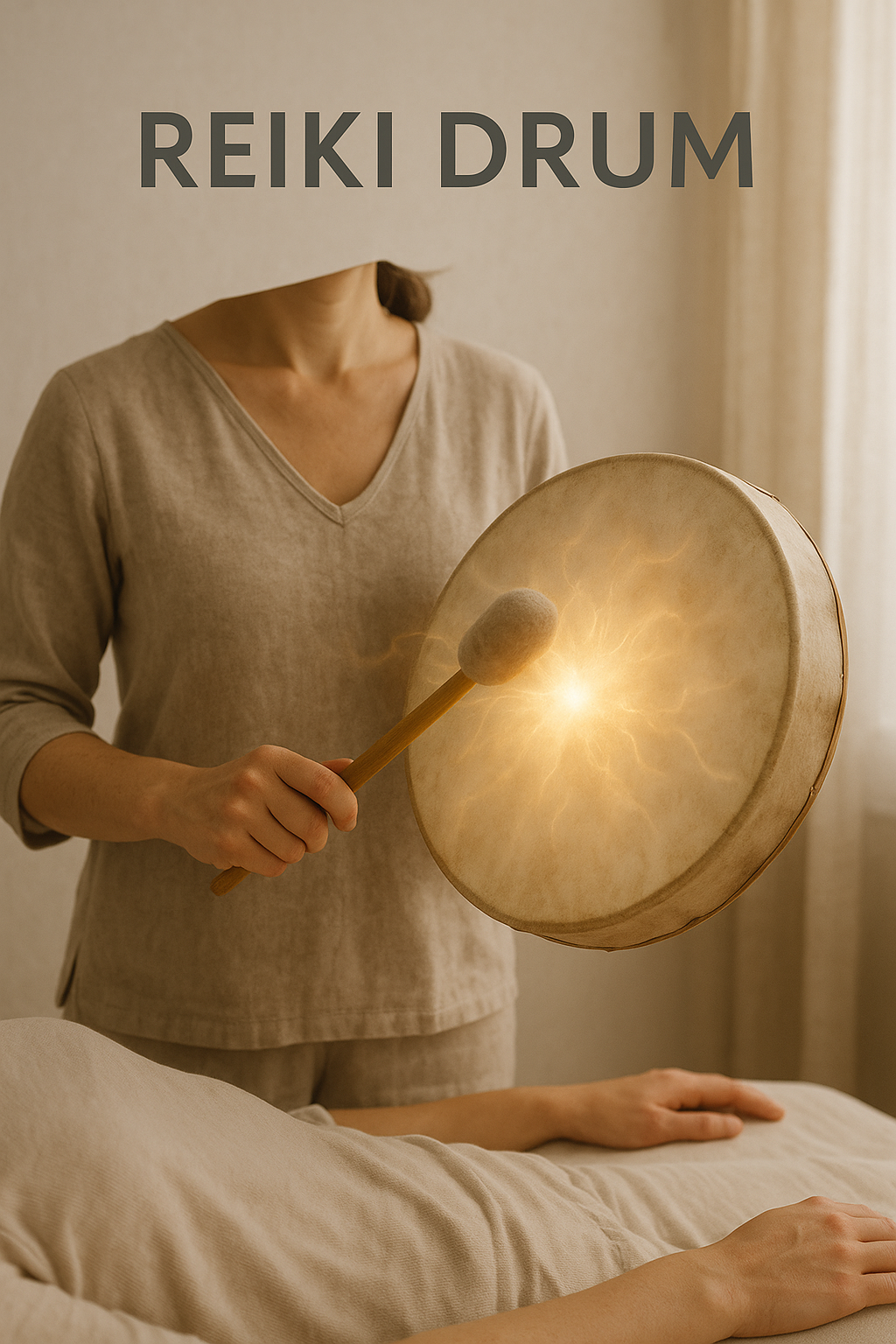 A person holding a Reiki drum and striking it during a healing session, with another person lying down on a bed.