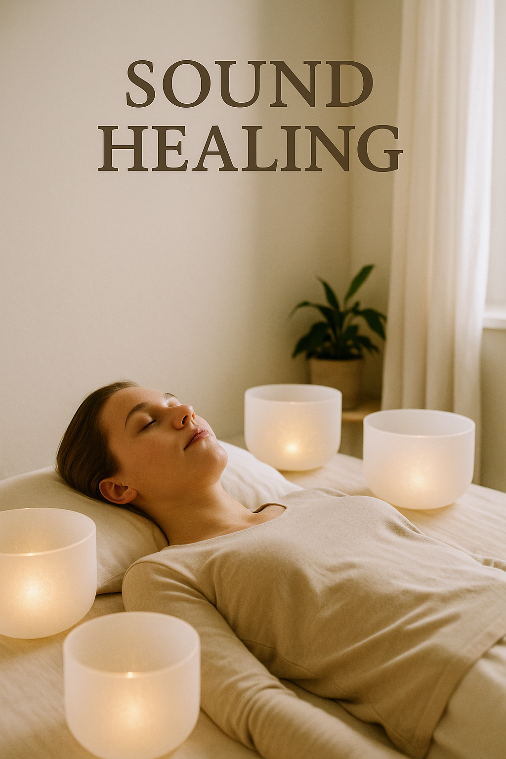 A woman lying on her back with eyes closed, surrounded by seven lit singing bowls in a serene, softly lit room.