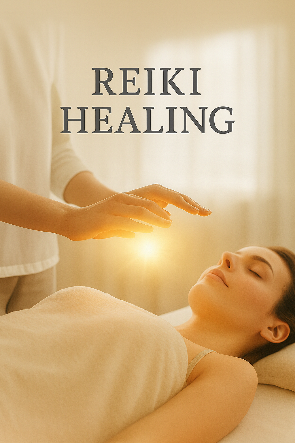 A woman lies relaxed on a massage bed during a Reiki healing session, with a healer's hands hovering above her face, emitting a warm glow. The setting appears calm and soothing.