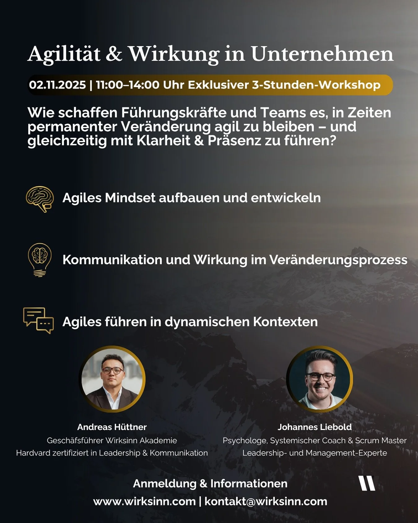 𝐖𝐨𝐫𝐤𝐬𝐡𝐨𝐩: 𝐀𝐠𝐢𝐥𝐢𝐭&auml;𝐭 &amp; 𝐖𝐢𝐫𝐤𝐮𝐧𝐠 𝐢𝐧 𝐔𝐧𝐭𝐞𝐫𝐧𝐞𝐡𝐦𝐞𝐧 🏔️
📌 𝟎𝟐. 𝐍𝐨𝐯𝐞𝐦𝐛𝐞𝐫 𝟐𝟎𝟐𝟓 | 𝟏𝟏:𝟎𝟎 &ndash; 𝟏𝟒:𝟎𝟎 𝐔𝐡𝐫
 𝐄𝐱𝐤𝐥𝐮𝐬𝐢𝐯𝐞𝐫 𝟑-𝐒𝐭𝐮𝐧𝐝𝐞𝐧-𝐖𝐨𝐫𝐤𝐬𝐡𝐨𝐩 (𝐎𝐧𝐥𝐢𝐧𝐞)

📣 𝐖𝐢𝐞 𝐠?