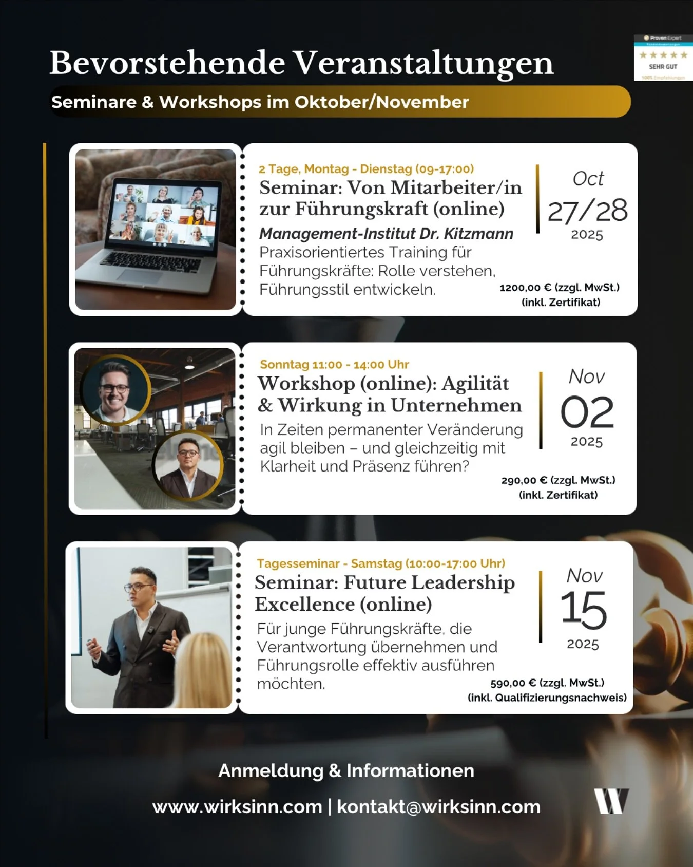 🔔Bevorstehende Veranstaltungen:

👤 Von Mitarbeiter/in zur F&uuml;hrungskraft &ndash; dein Karrieresprung 2025!
🗓️ 27.&ndash;28. Oktober | Online-Seminar
Der Schritt in die F&uuml;hrungsrolle ist anspruchsvoll &ndash; und zugleich die Chance, dich 