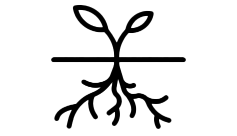 A minimalist black line drawing of a plant with roots and two leaves.